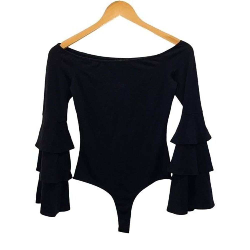 Aqua‎ Womens Off-the-Shoulder Ruffled Bodysuit Black Size Small